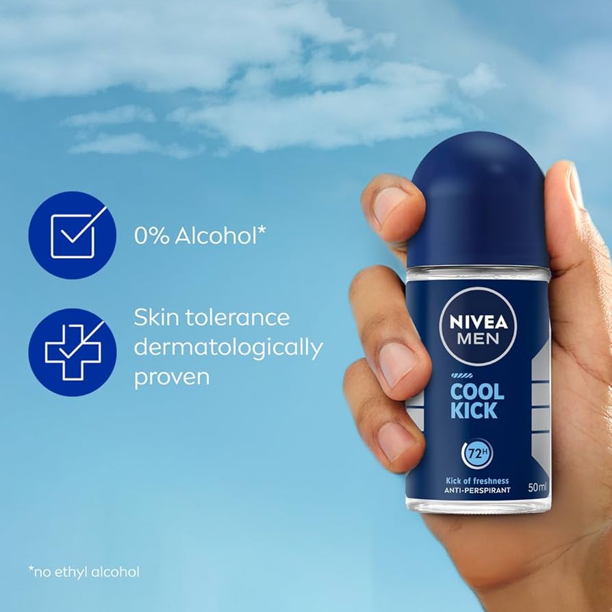 Refect Beauty Nivea Men Cool Kick antiperspirant roll-on held in hand against a blue sky background
