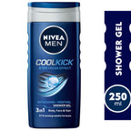 Refect Beauty Nivea Men Cool Kick 3-in-1 shower gel bottle with menthol for body, face, and hair in blue packaging.