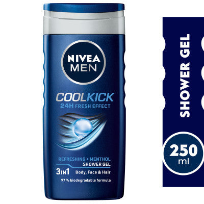 Refect Beauty Nivea Men Cool Kick 3-in-1 shower gel bottle with menthol for body, face, and hair in blue packaging.
