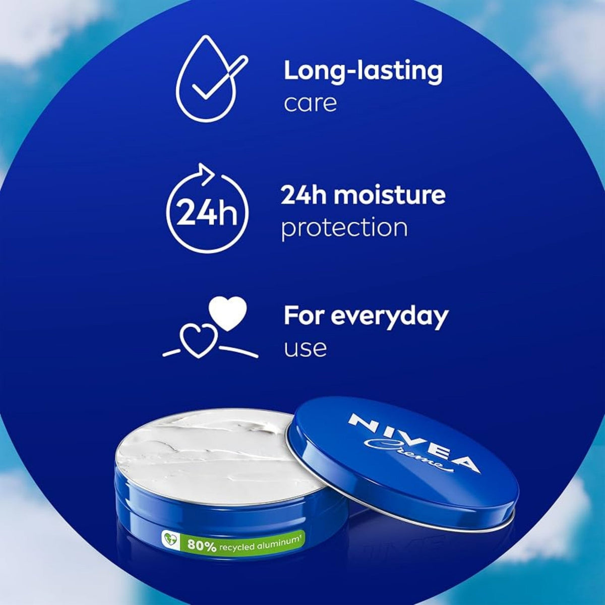 Refect Beauty Nivea Creme in a blue tin with 24h moisture protection benefits and 80% recycled aluminum packaging.