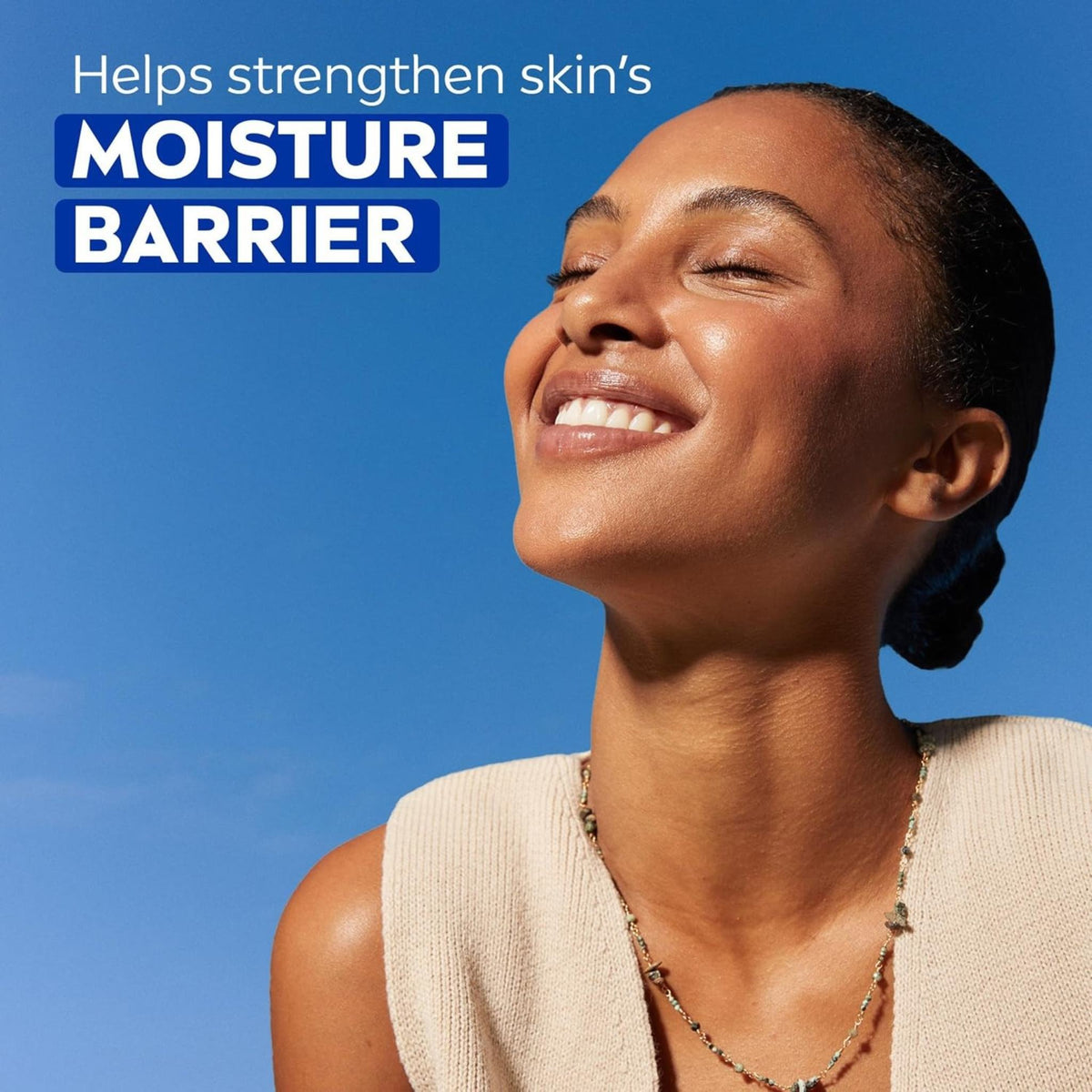 Refect Beauty model with glowing skin against a blue sky, promoting Nivea Creme for a strengthened moisture barrier.