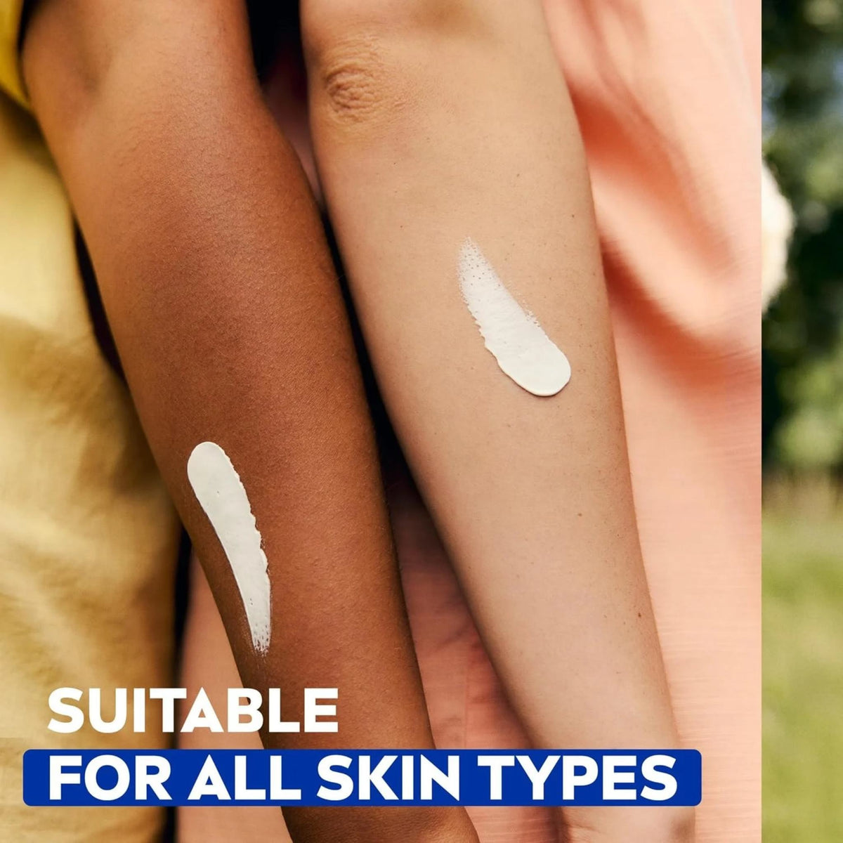 Refect Beauty Nivea Creme moisturizing cream applied as white streaks on two different skin tones for hydration