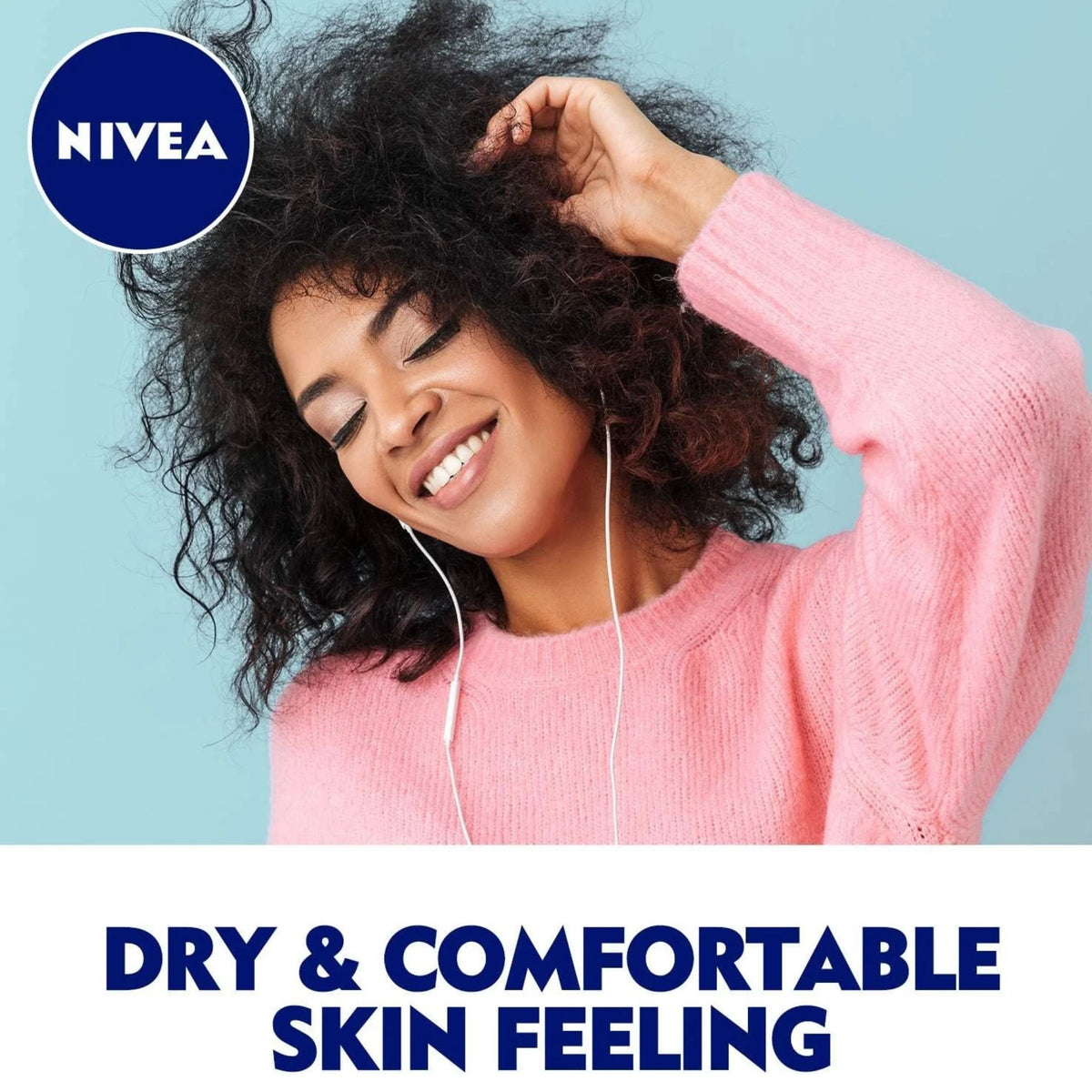 Refect Beauty Nivea Dry Comfort roll-on deodorant featuring a smiling woman in a pink sweater on a blue background