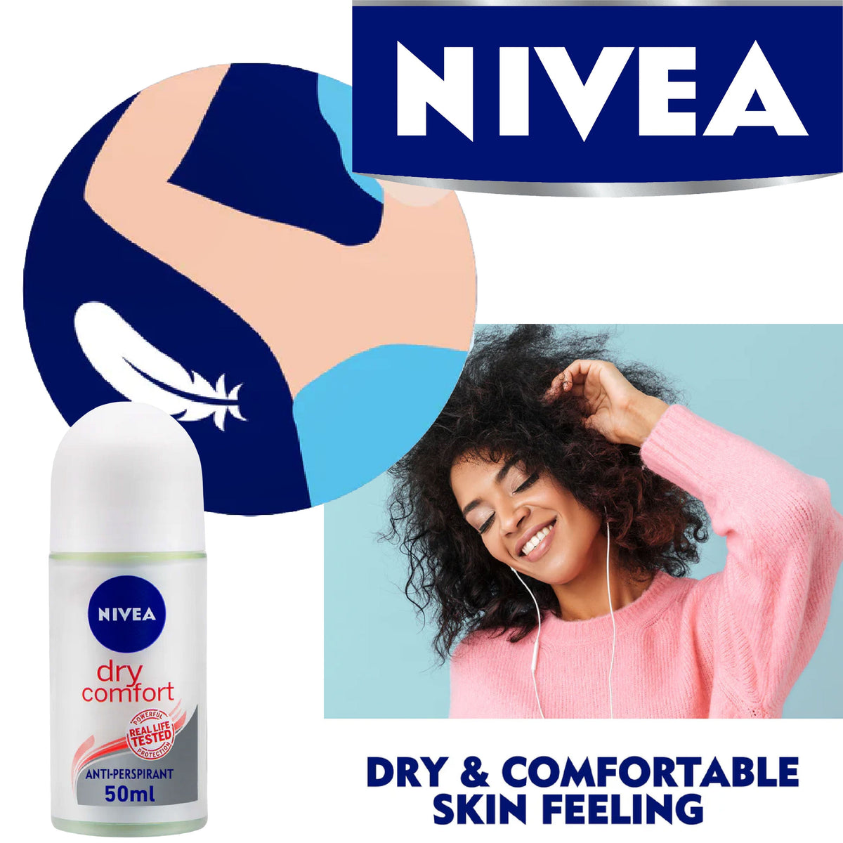 Refect Beauty Nivea Dry Comfort roll-on antiperspirant deodorant for women with a smiling woman in a pink sweater