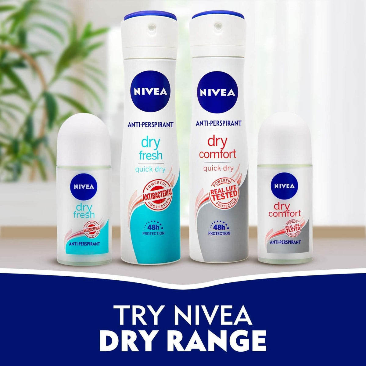 Refect Beauty Nivea Dry Fresh and Dry Comfort anti-perspirant roll-ons and aerosol sprays for 48-hour protection.