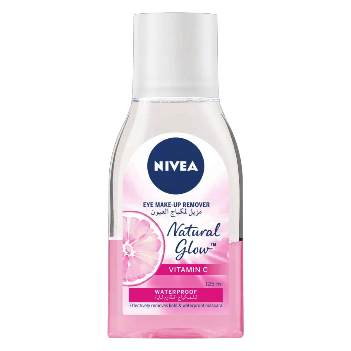 Refect Beauty Nivea Natural Glow waterproof eye makeup remover in a 125ml clear bottle with pink label details.