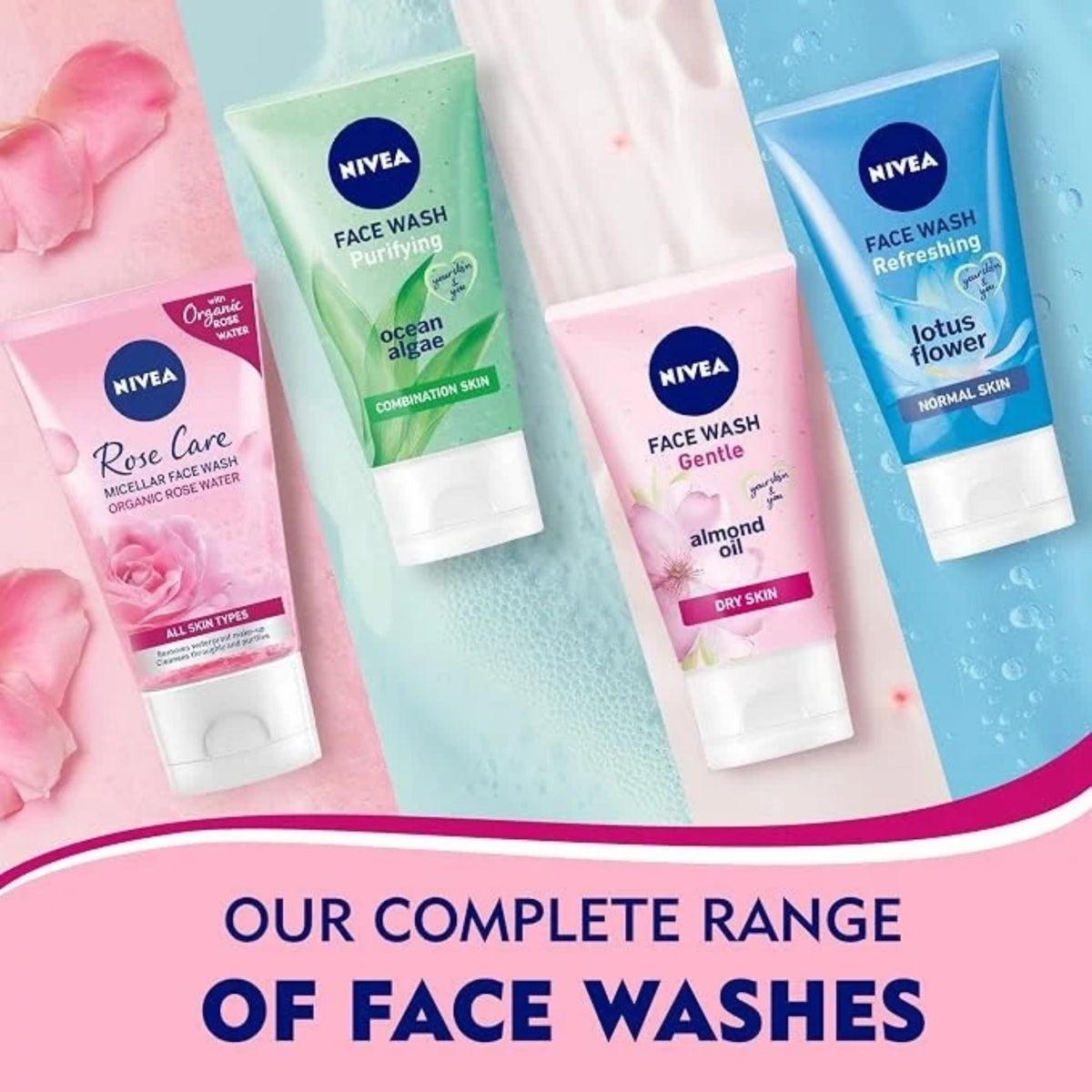 Refect Beauty Nivea face wash range including Rose Care, Ocean Algae, Almond Oil, and Lotus Flower cleansers.
