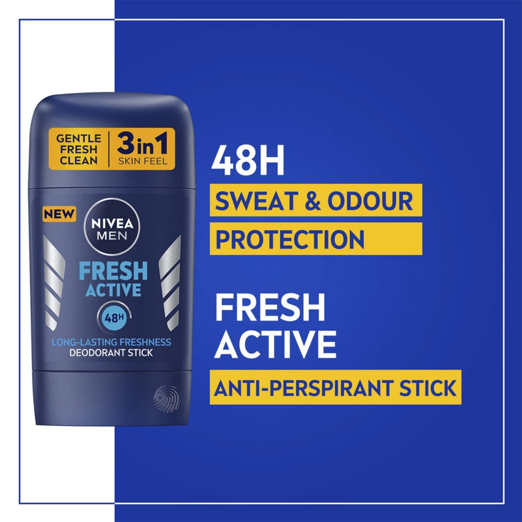 Refect Beauty Nivea Men Fresh Active 3-in-1 antiperspirant deodorant stick with 48-hour sweat and odor protection.