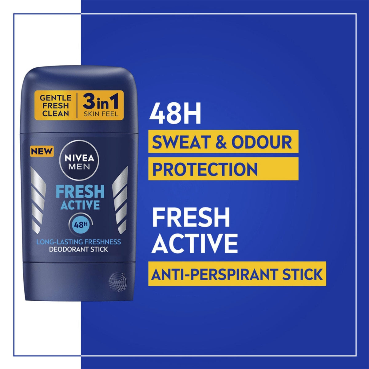 Refect Beauty Nivea Men Fresh Active 3-in-1 antiperspirant deodorant stick with 48-hour sweat and odor protection.