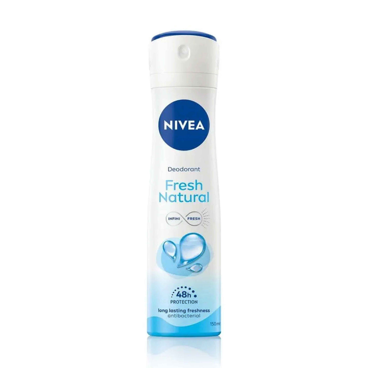 Refect Beauty Nivea Fresh Natural women's deodorant spray in a white 150ml bottle with blue accents and branding.