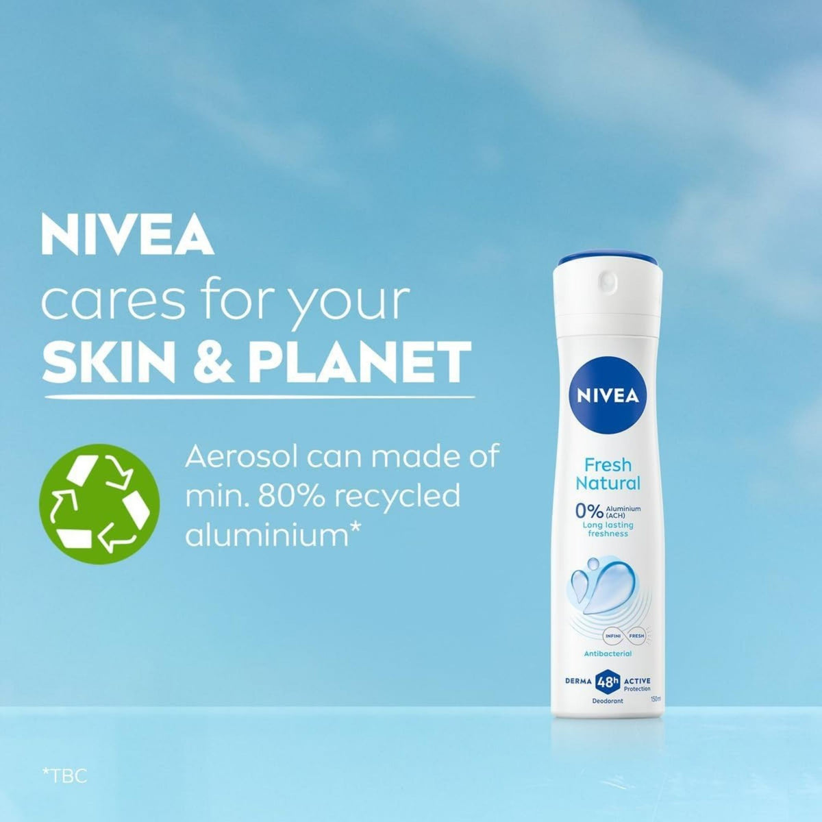 Refect Beauty Nivea Fresh Natural deodorant spray in a recycled aluminium bottle against a blue sky background.