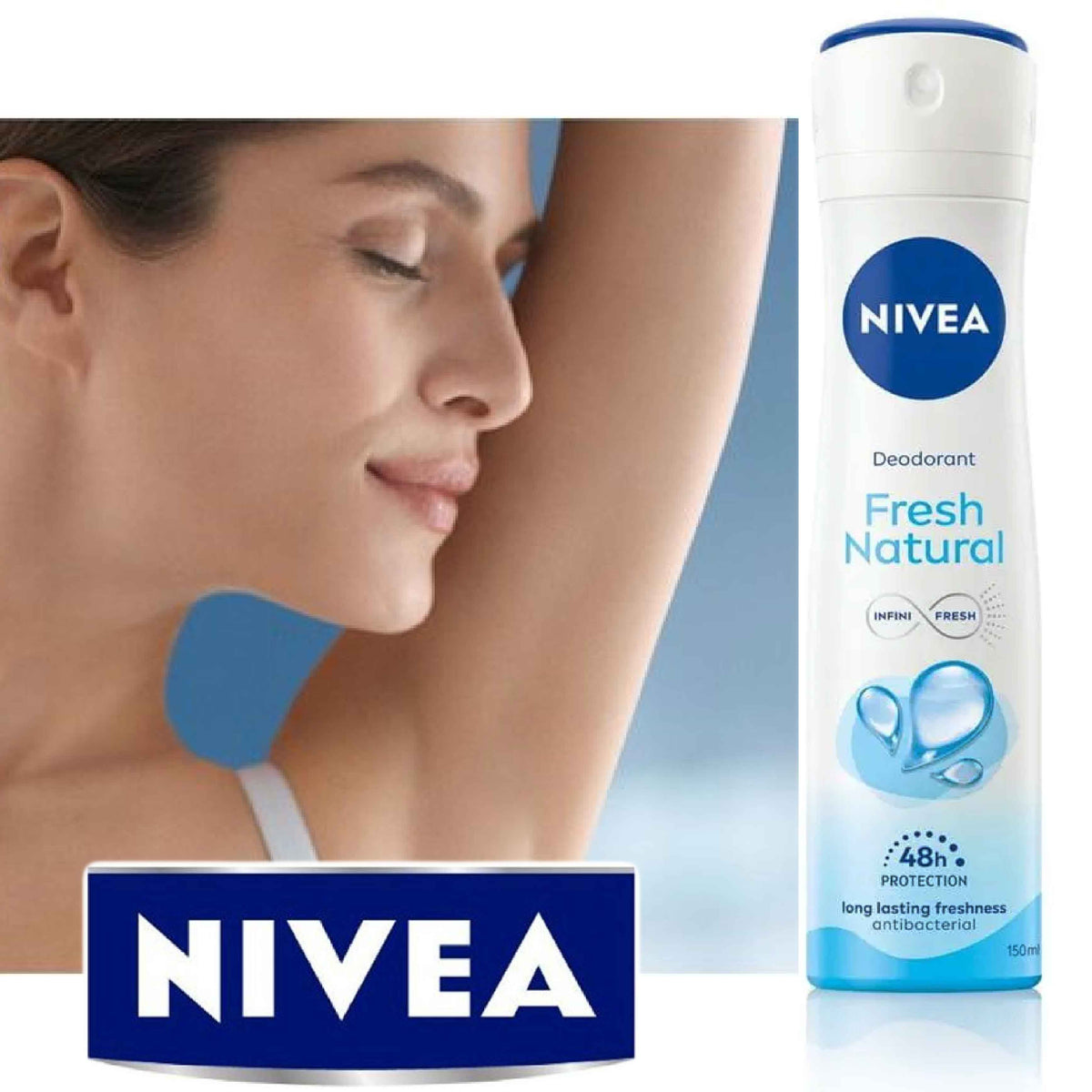 Refect Beauty Nivea Fresh Natural women deodorant spray bottle next to a woman with raised arms feeling fresh
