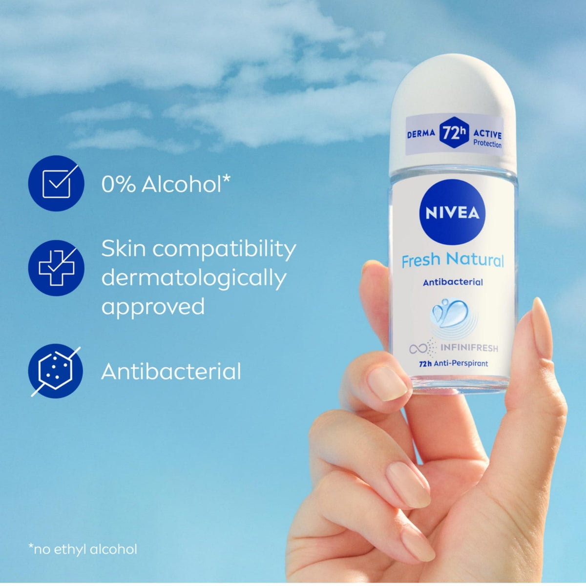 Refect Beauty Nivea Fresh Natural roll-on deodorant held against a blue sky, highlighting 72h protection and 0% alcohol