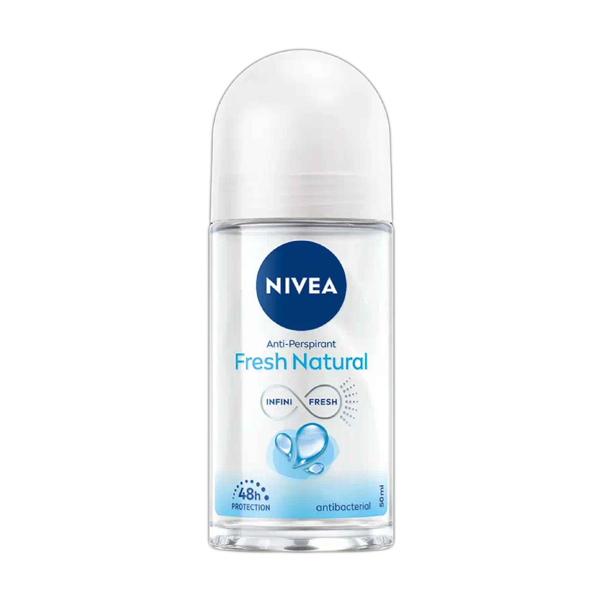 Refect Beauty Nivea Fresh Natural women anti-perspirant roll-on with 48-hour protection in a clear 50ml bottle.