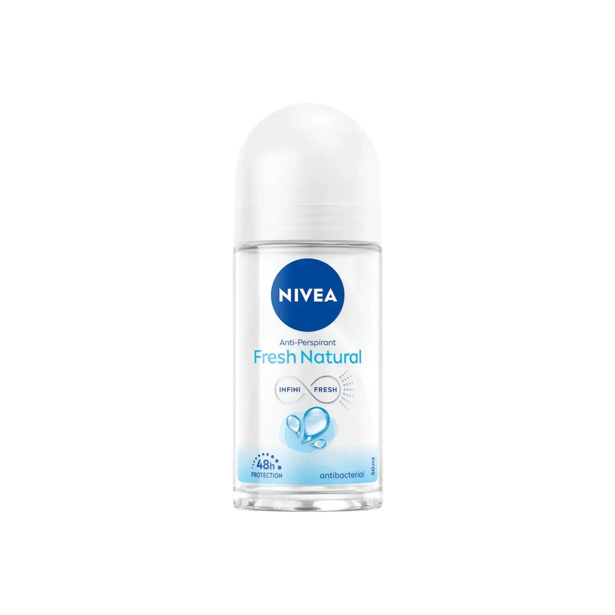 Refect Beauty Nivea Fresh Natural women's roll-on anti-perspirant in a 50ml clear bottle with a white cap.
