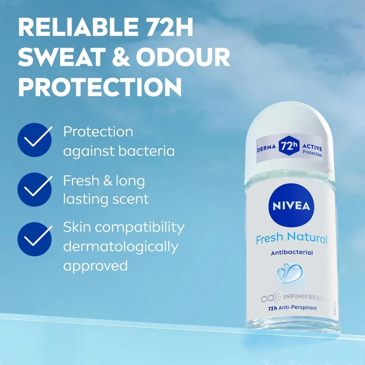 Refect Beauty Nivea Fresh Natural anti-perspirant roll-on for 72-hour sweat and odor protection against bacteria