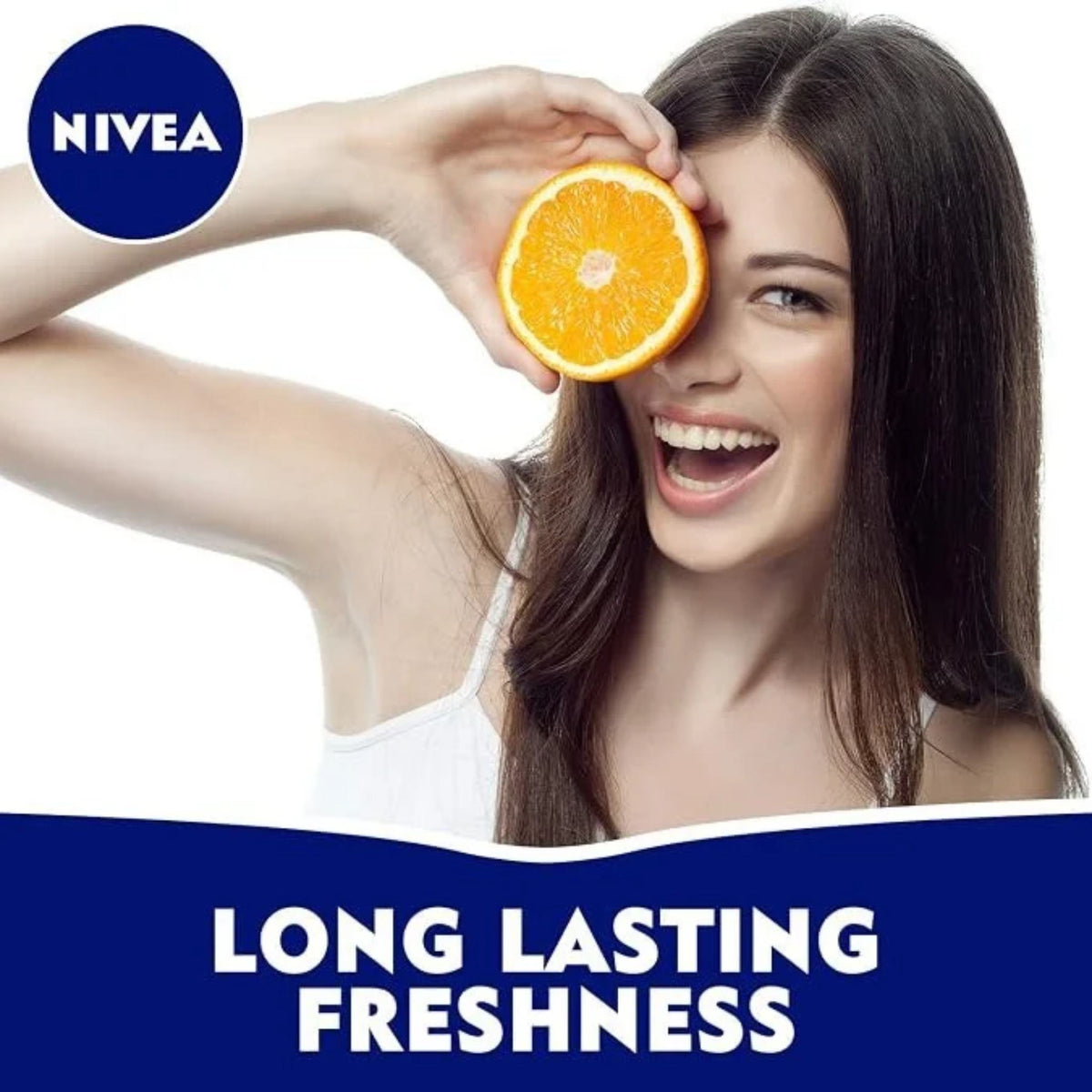 Refect Beauty Nivea Fresh Orange anti-perspirant deodorant featuring a smiling woman holding a fresh orange slice