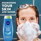 Refect Beauty Nivea Fresh Pure shower gel bottle next to a woman holding a handful of rich, white cleansing foam.