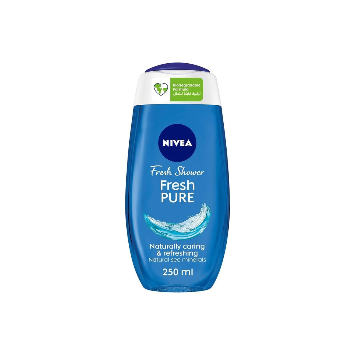 Refect Beauty Nivea Fresh Pure shower gel bottle in blue with a white cap and biodegradable formula label