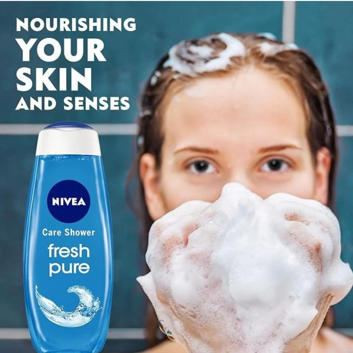 Refect Beauty Nivea Fresh Pure shower gel bottle next to a woman lathering soap in a shower