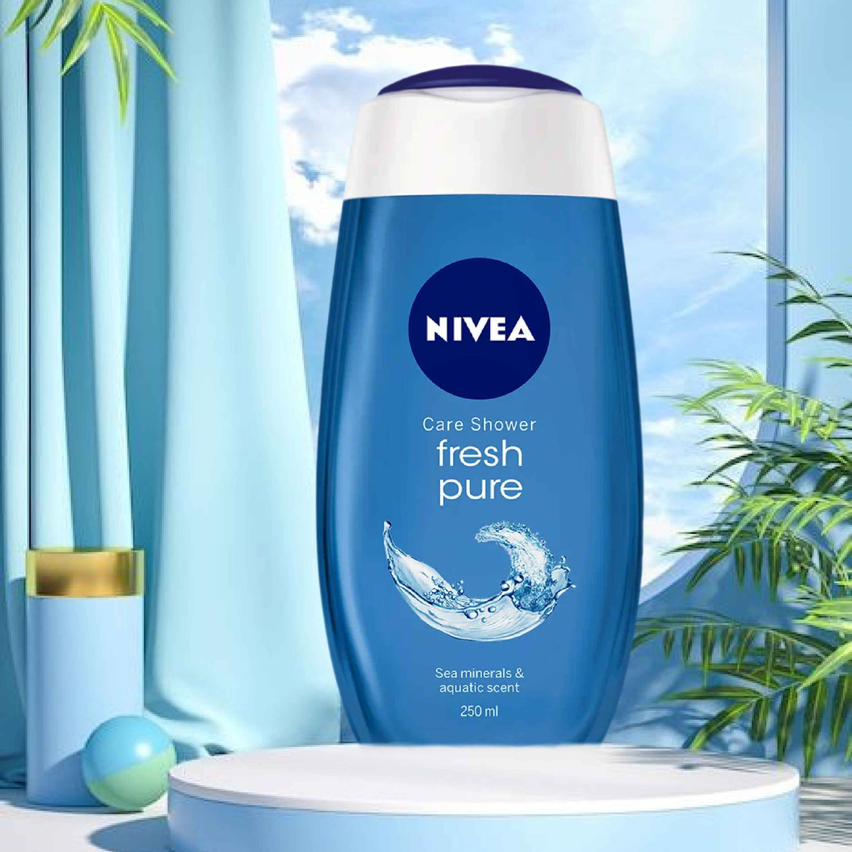 Refect Beauty Nivea Fresh Pure shower gel bottle with sea minerals and aquatic scent on a white display stand.