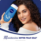 Refect Beauty model holding a blue Nivea Fresh Pure shower gel bottle with marine minerals for hydrated skin