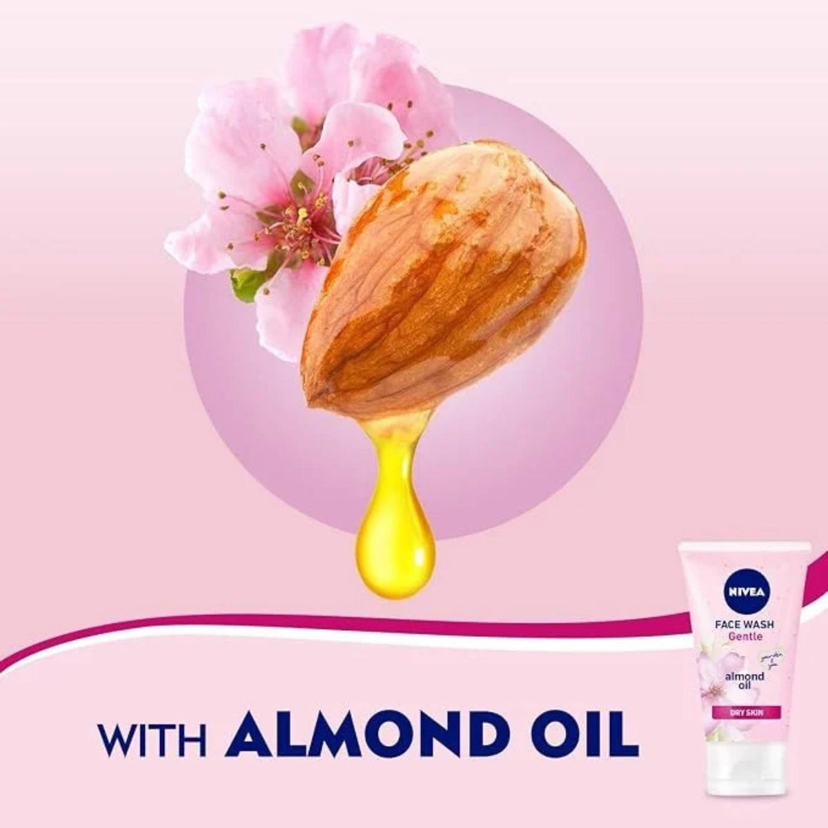 Refect Beauty Nivea Gentle Face Wash with almond oil for dry skin, featuring a pink floral and almond graphic