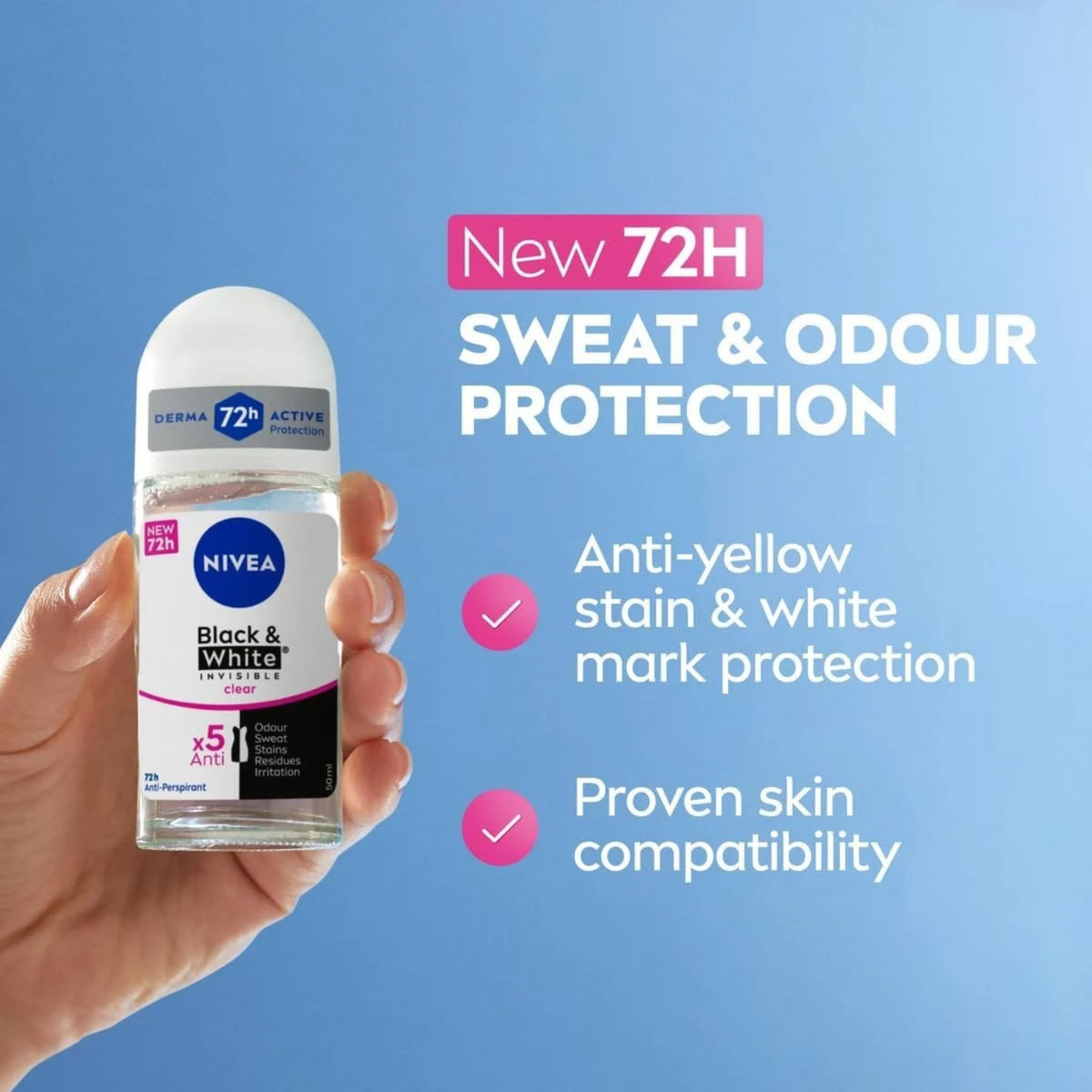 Refect Beauty Nivea Black & White Invisible Clear roll-on anti-perspirant for 72-hour sweat and stain protection.