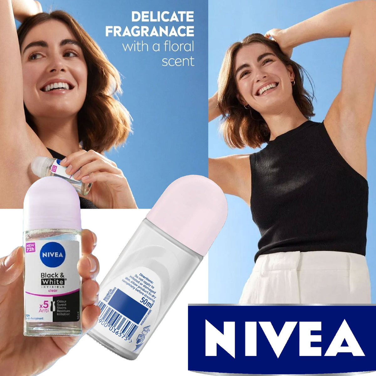 Refect Beauty Nivea Black & White Invisible Clear roll-on deodorant being applied by a smiling woman in a sunny setting