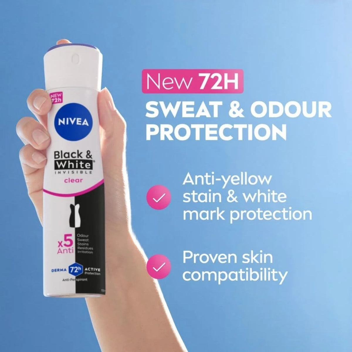 Refect Beauty Nivea Black & White Invisible anti-perspirant spray held in a hand against a blue background