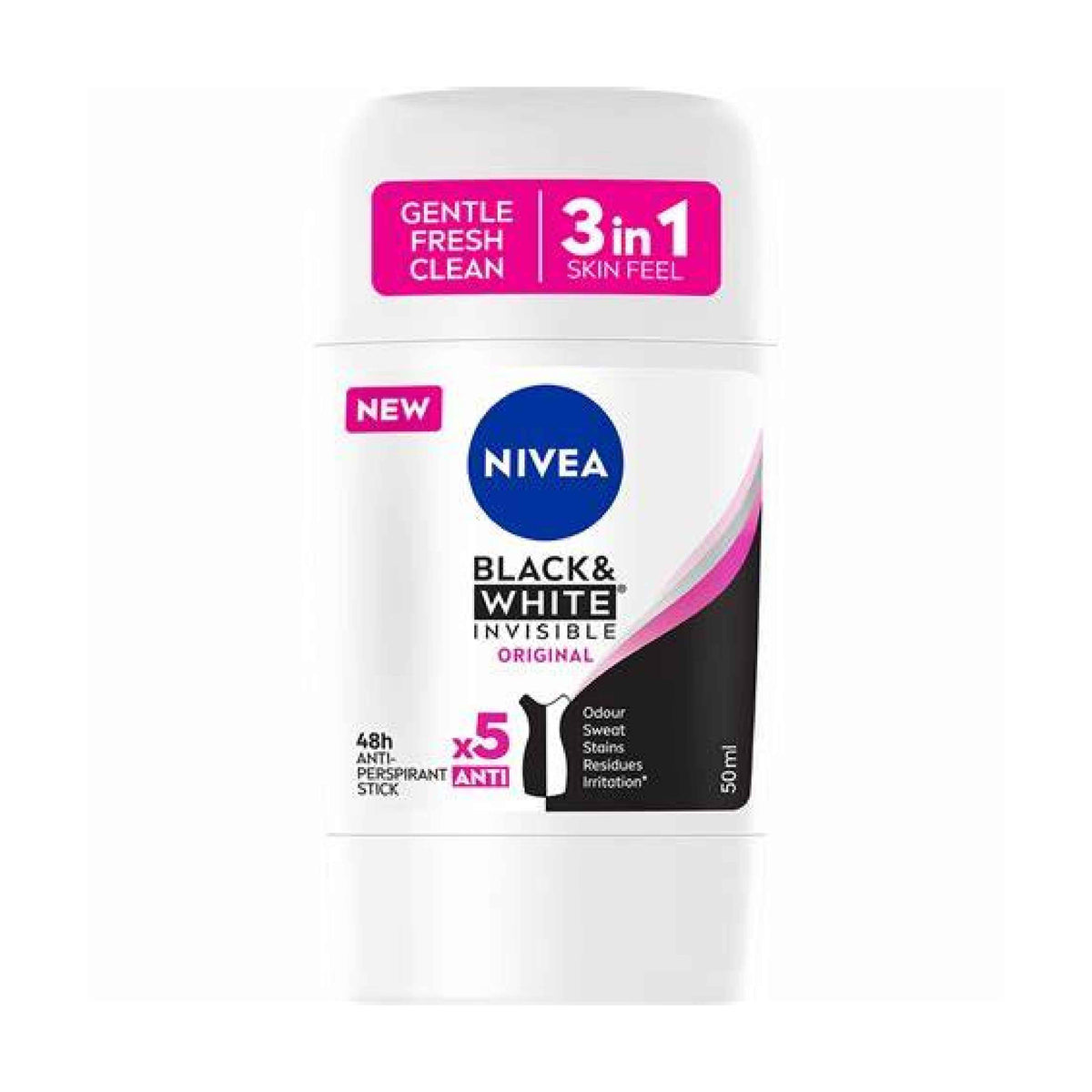 Refect Beauty Nivea Black & White Invisible Original anti-perspirant stick for 48-hour sweat and stain protection.