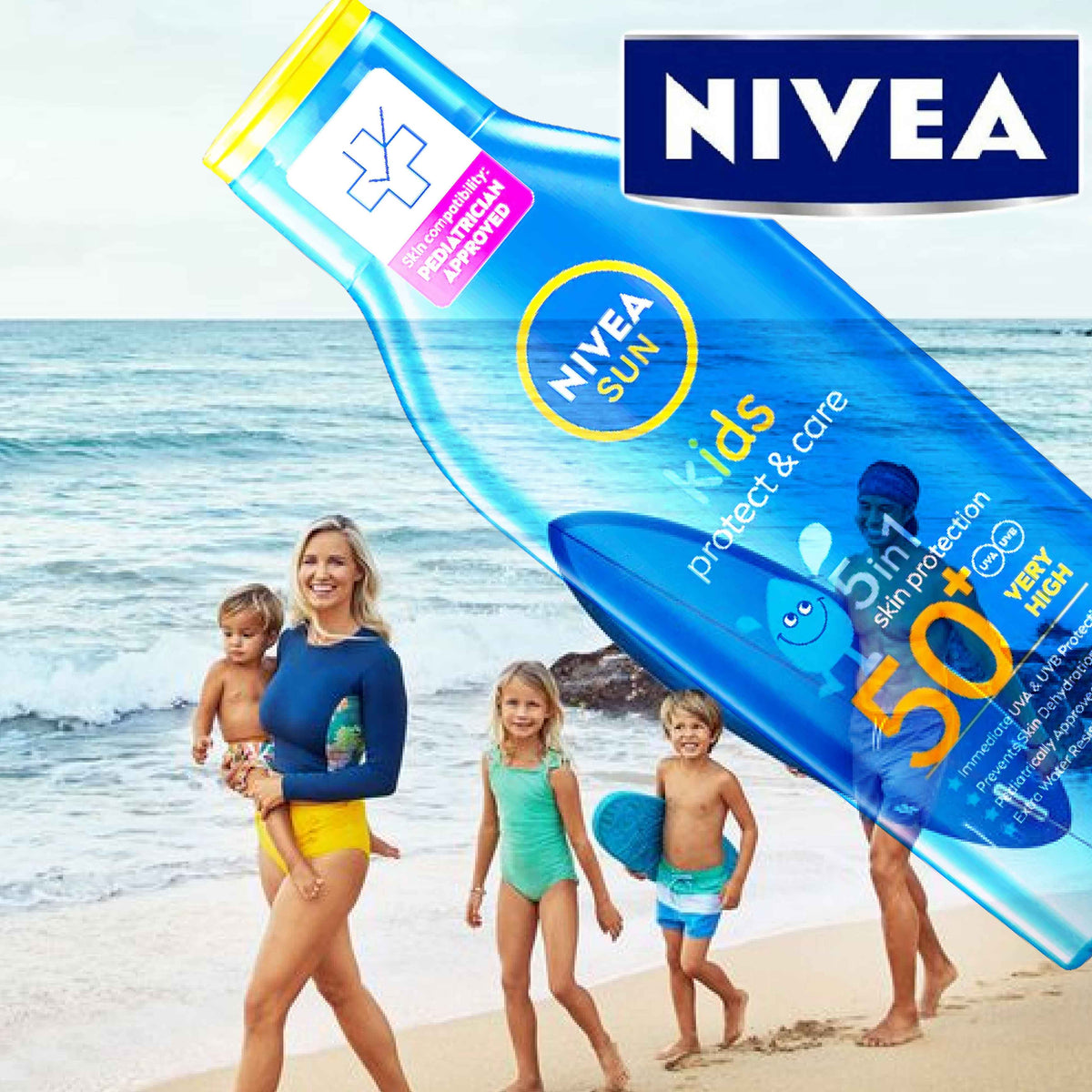 Refect Beauty Nivea Sun Kids Protect & Care SPF 50+ lotion bottle with a family enjoying a day at the beach