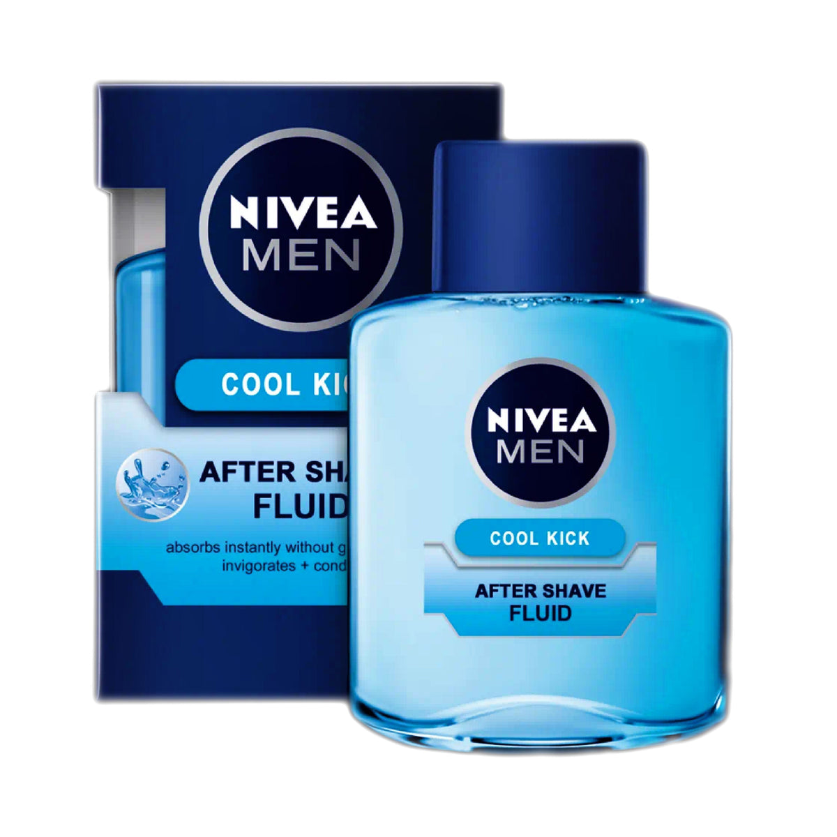 Refect Beauty Nivea Men Fresh and Cool After Shave Fluid in a blue glass bottle with its matching product box.