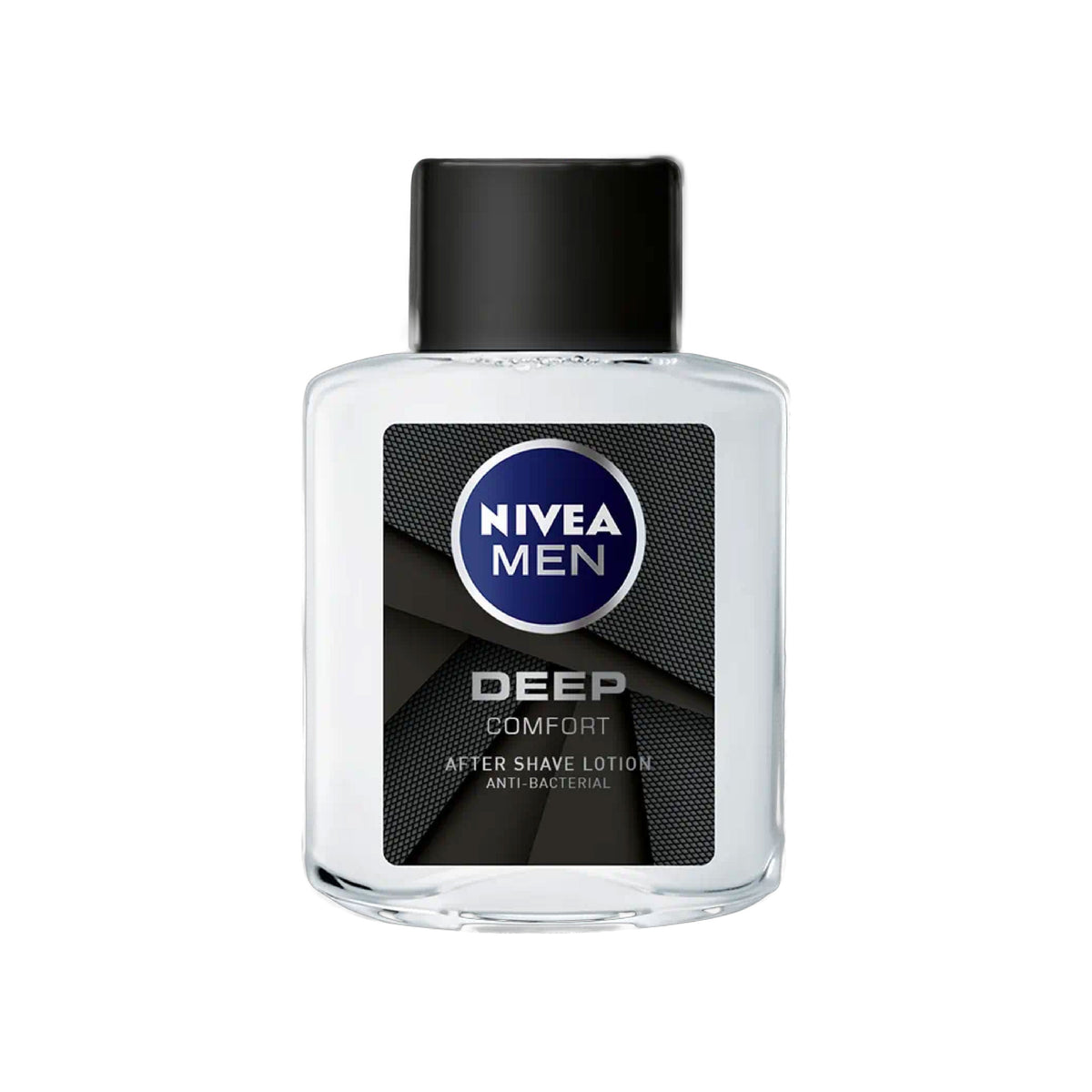 Refect Beauty Nivea Men Deep Comfort antibacterial after shave lotion in a clear glass bottle with a black cap.