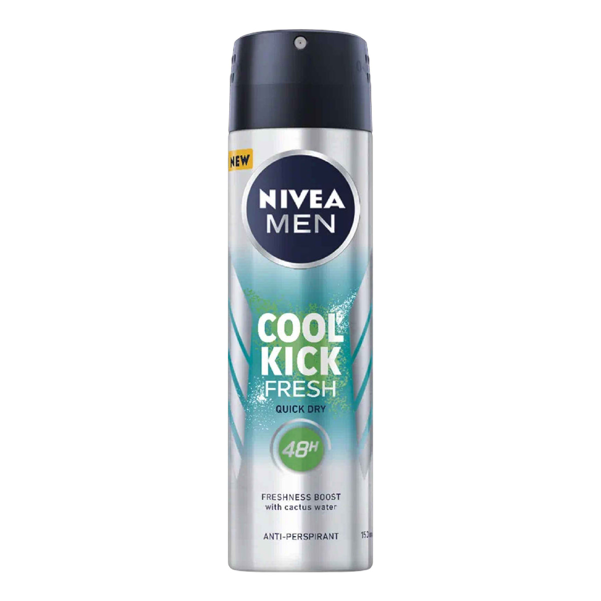 Refect Beauty Nivea Men Cool Kick deodorant body spray in a silver and blue aerosol can with 48-hour protection.