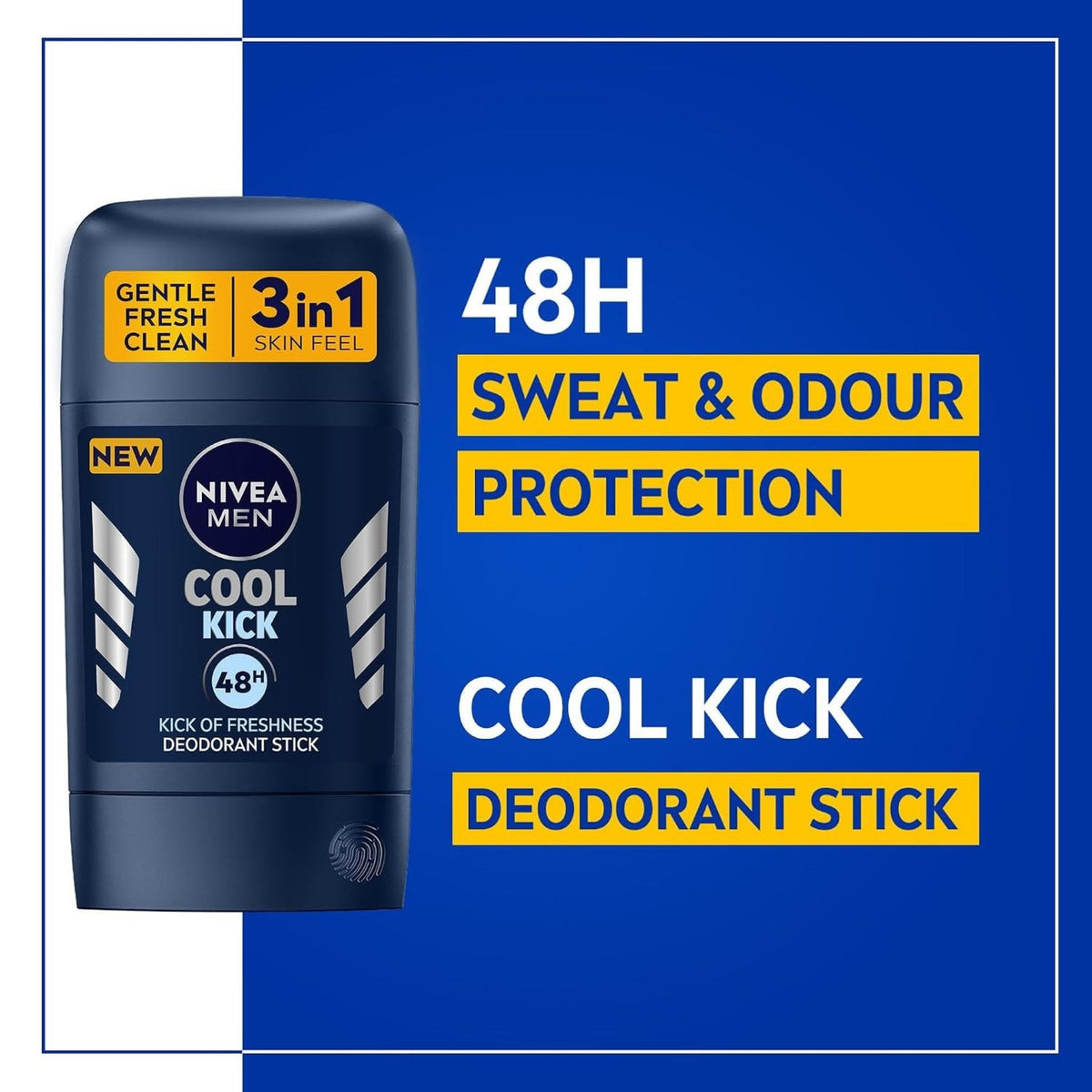 Refect Beauty Nivea Men Cool Kick anti-perspirant stick providing 48-hour sweat and odor protection in blue packaging.