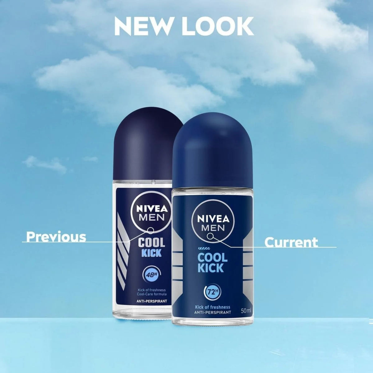 Refect Beauty Nivea Men Cool Kick anti-perspirant roll-on bottles showing previous and current packaging designs.