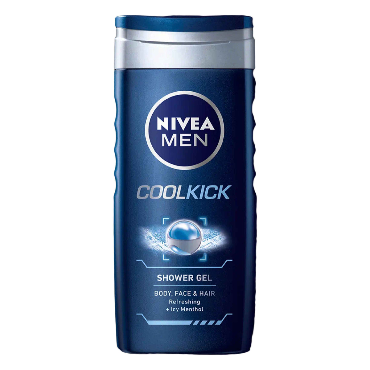 Refect Beauty Nivea Men Cool Kick shower gel in a dark blue bottle with silver cap for body, face, and hair.