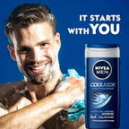 Refect Beauty Nivea Men Cool Kick 3-in-1 shower gel bottle next to a smiling man using a blue sponge in the shower.