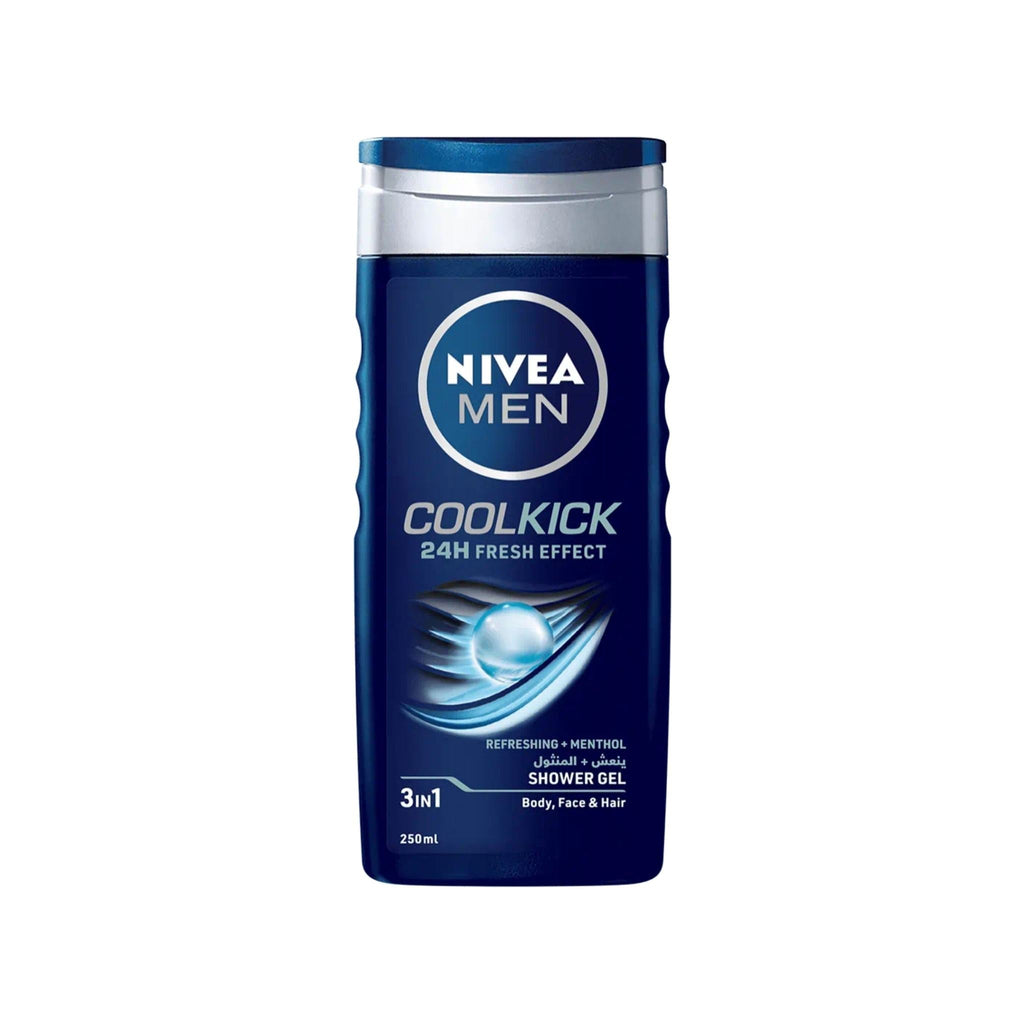 Refect Beauty Nivea Men Cool Kick 3-in-1 shower gel bottle with menthol for body, face, and hair in blue packaging.