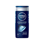 Refect Beauty Nivea Men Cool Kick 3-in-1 shower gel bottle with menthol for body, face, and hair in blue packaging.