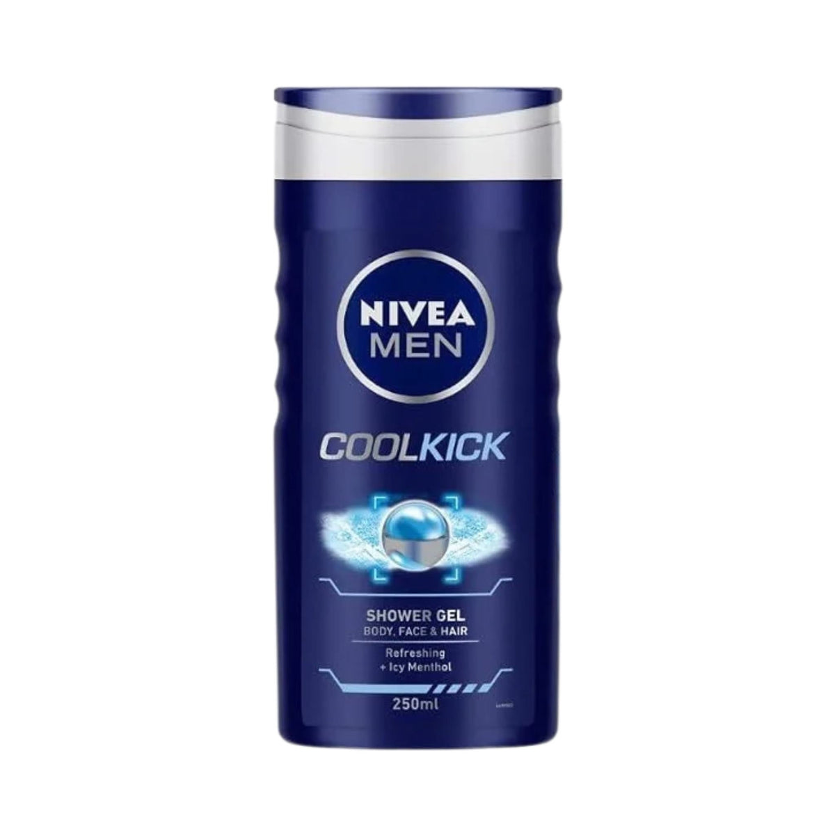 Refect Beauty Nivea Men Cool Kick shower gel bottle in blue with menthol cooling formula for body, face, and hair.