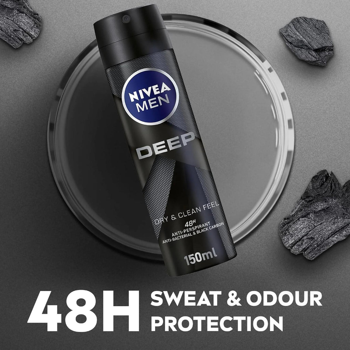Refect Beauty Nivea Men Deep Dark Wood body spray in a black 150ml canister with charcoal accents for odor protection.