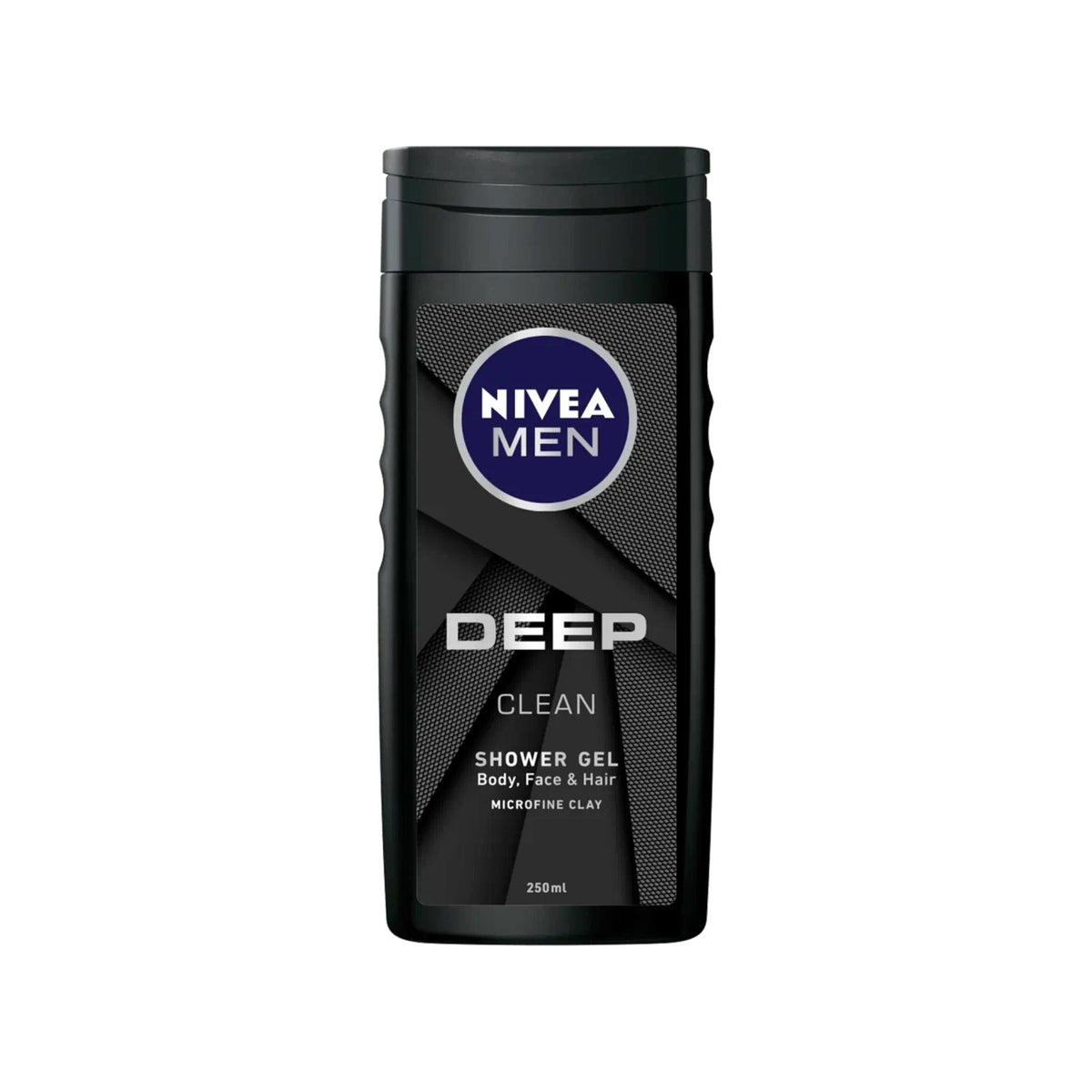 Refect Beauty Nivea Men Deep Clean shower gel bottle with micro-fine clay for body, face, and hair in black packaging.