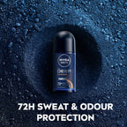 Refect Beauty Nivea Men Deep Black Carbon Espresso roll-on deodorant on a dark blue textured background