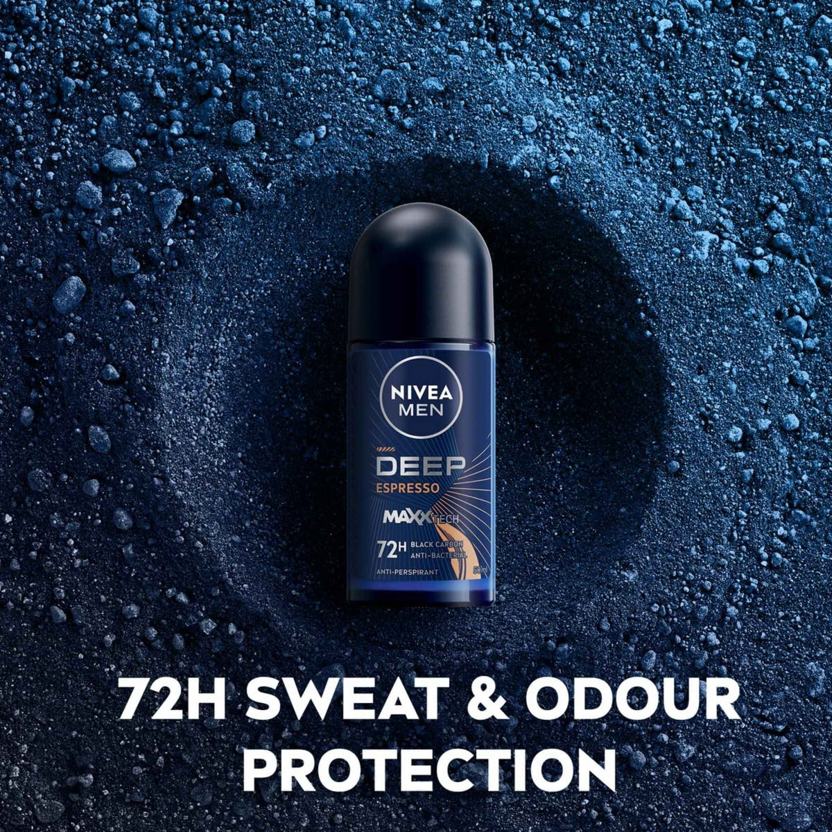 Refect Beauty Nivea Men Deep Black Carbon Espresso roll-on deodorant on a dark blue textured background