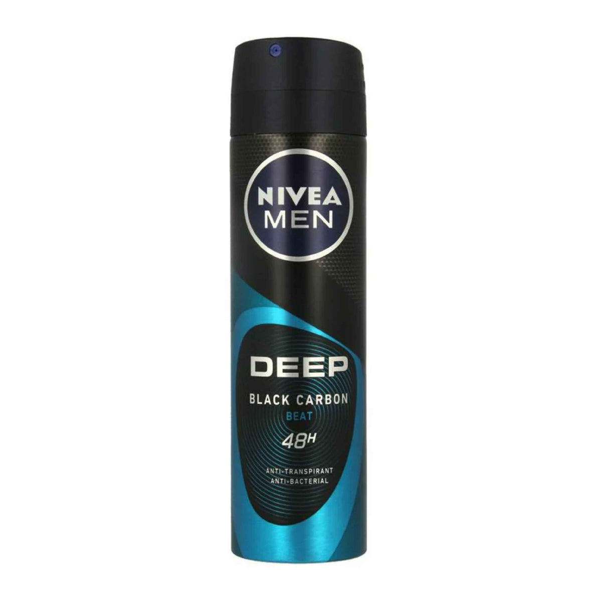 Refect Beauty Nivea Men Deep Black Carbon Beat body spray in a black and blue aerosol can for long-lasting freshness.