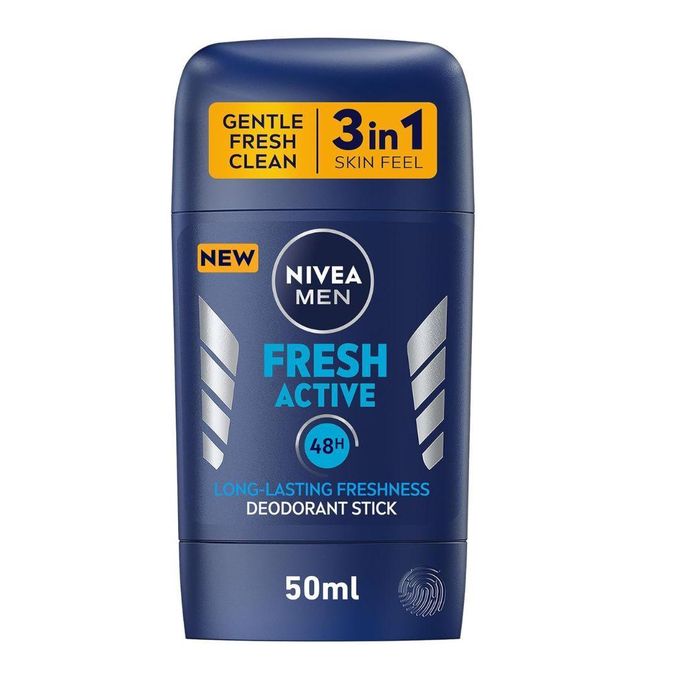 Refect Beauty Nivea Men Fresh Active 3-in-1 deodorant stick with 48-hour protection in a blue 50ml container.
