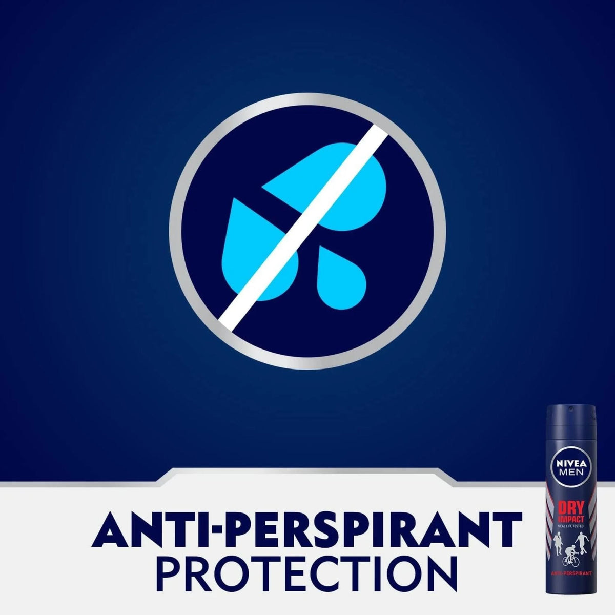 Refect Beauty Nivea Men Dry Impact body spray featuring anti-perspirant protection icon on a dark blue background