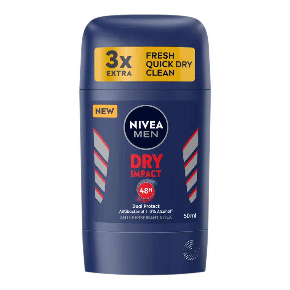 Refect Beauty Nivea Men Dry Impact anti-perspirant stick in a dark blue 50ml container for 48-hour sweat protection.